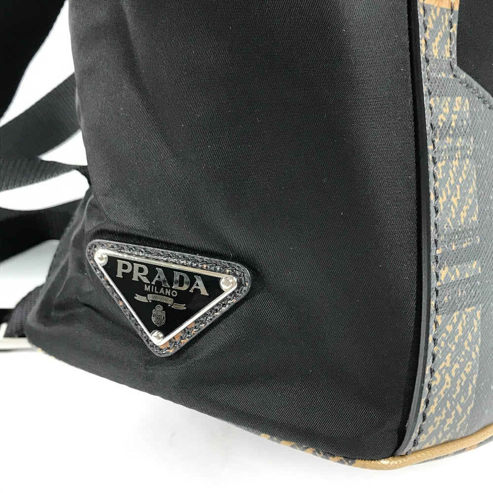 PRADA Backpack 1BZ038 Nylon / leather black Triangle logo plate check mens Used Authentic