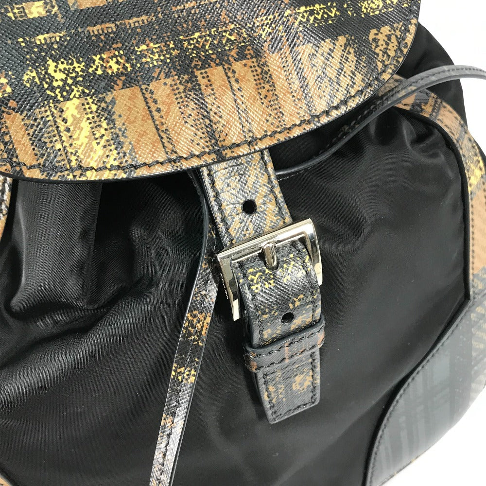 PRADA Backpack 1BZ038 Nylon / leather black Triangle logo plate check mens Used Authentic
