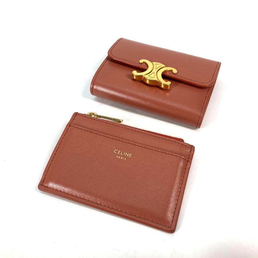 CELINE Trifold wallet leather Brown Triomphe Compact wallet with coin pocket Women Used Authentic