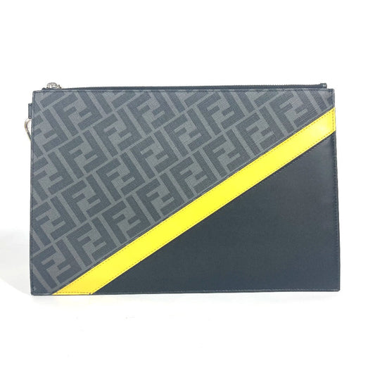 FENDI Clutch bag 7N0110 leather Black x Yellow x Grey Flat slim slim Diagonal Zucca mens Used Authentic