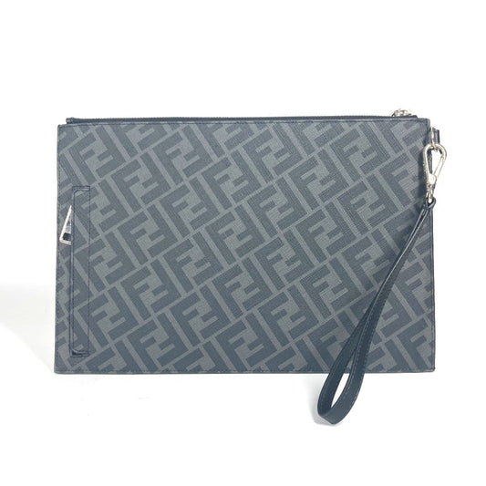 FENDI Clutch bag 7N0110 leather Black x Yellow x Grey Flat slim slim Diagonal Zucca mens Used Authentic