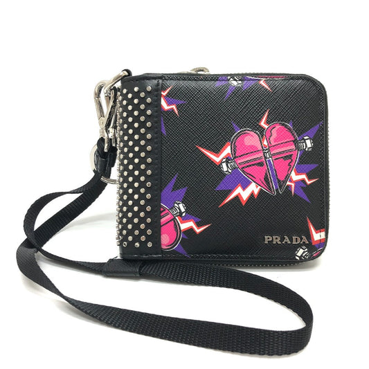 PRADA Folded wallet 2ML221 saffiano leather Black x pink Studs with strap and key ring Frankenheart Women Secondhand Authentic