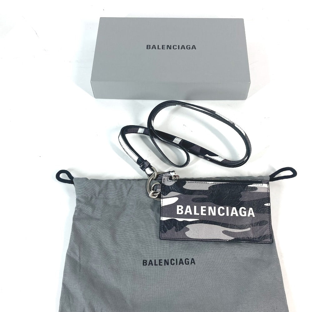 BALENCIAGA Coin case 594548 leather Black x silver Neck With Strap Wallet Camouflage camouflage logo mens(Unisex) Used Authentic