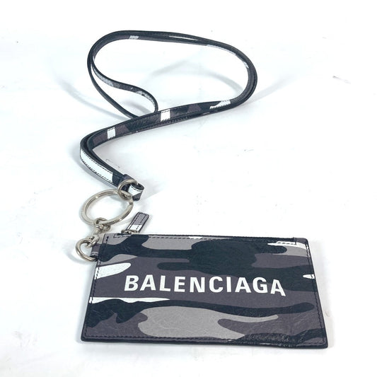 BALENCIAGA Coin case 594548 leather Black x silver Neck With Strap Wallet Camouflage camouflage logo mens(Unisex) Used Authentic