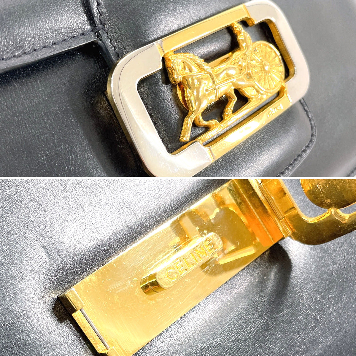 CELINE Shoulder Bag leather black Carriage Metal