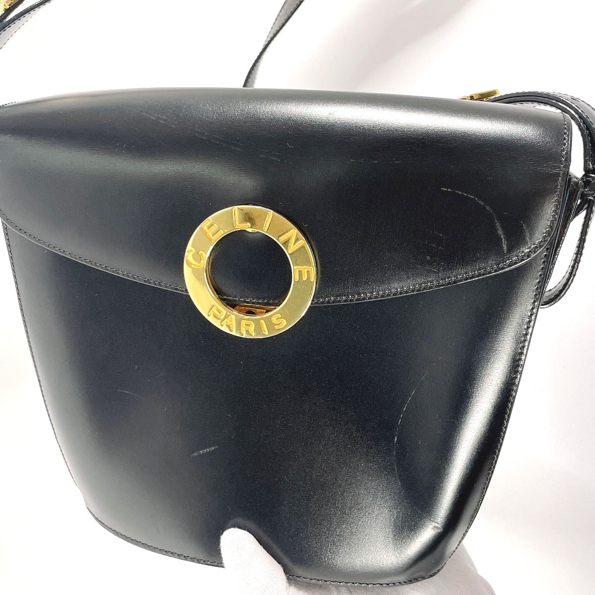 CELINE Shoulder Bag leather black vintage Circle logo