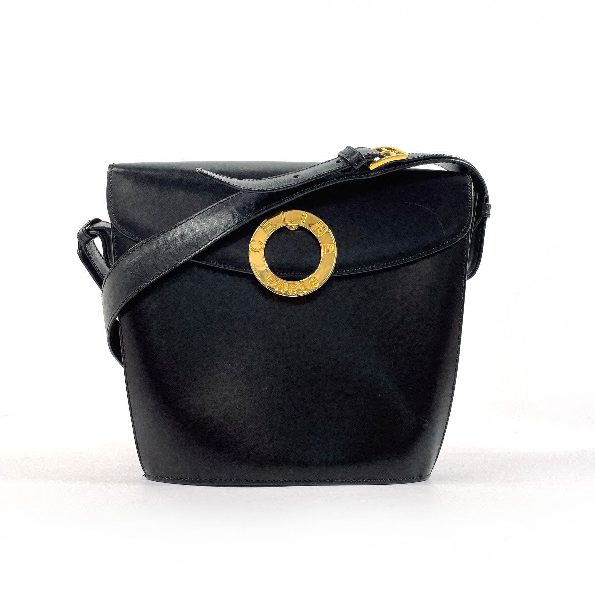CELINE Shoulder Bag leather black vintage Circle logo