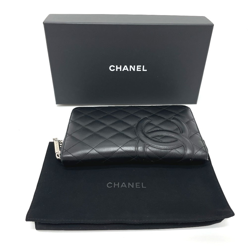 CHANEL Long Wallet Purse A26710 Calf leather Black x pink Cambon line organizer Women Used Authentic