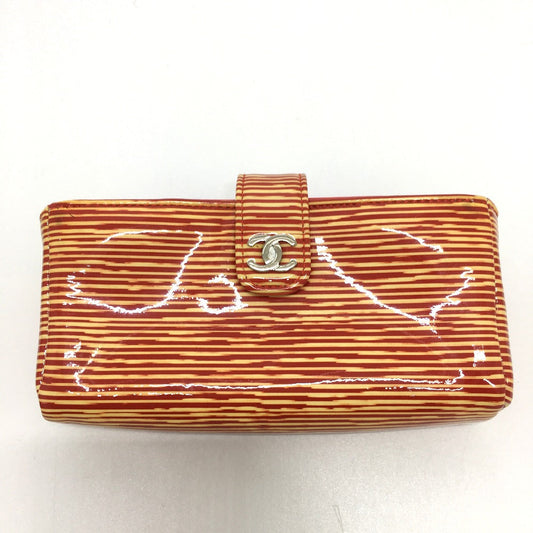 CHANEL Pouch Patent leather Red type CC COCO Mark border Women Used Authentic