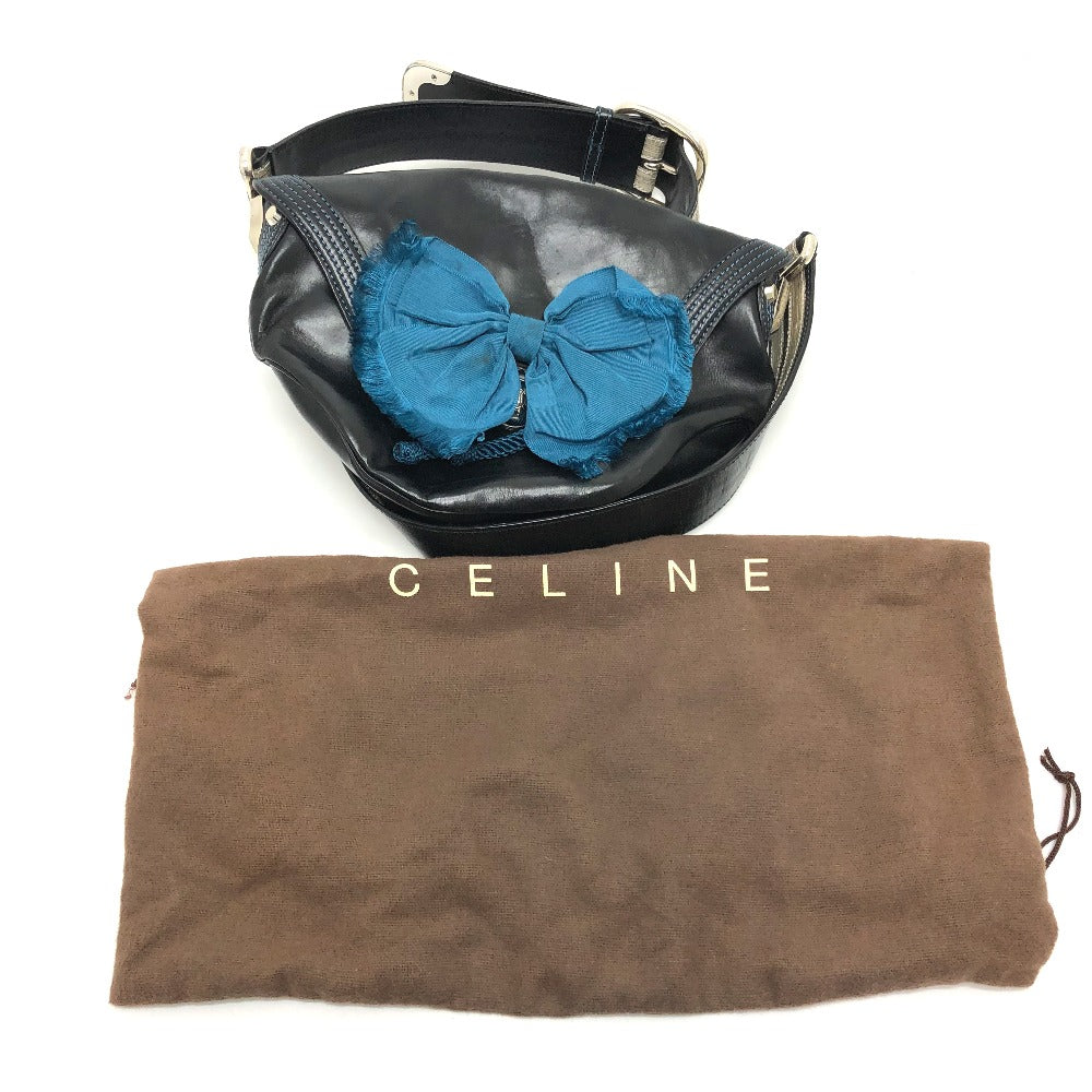 CELINE Shoulder Bag 115/130 leather black ribbon Crossbody Women Used Authentic