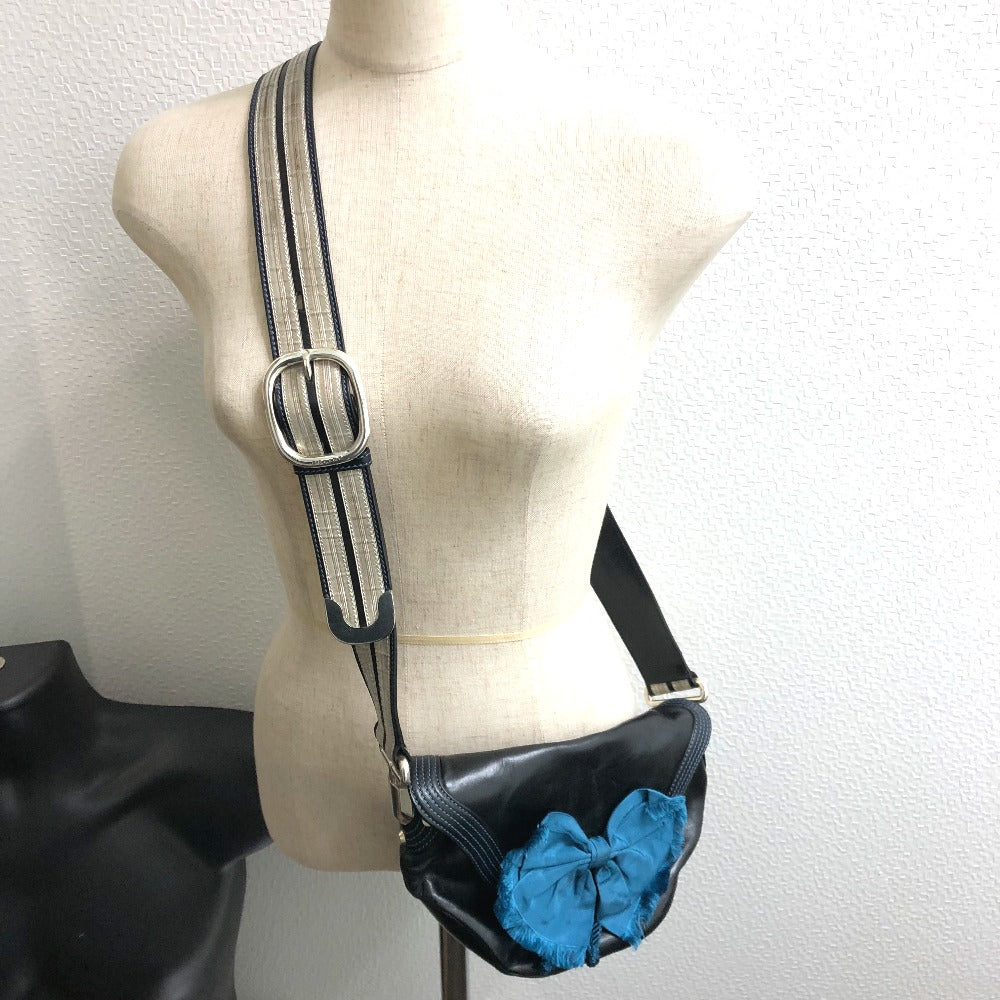 CELINE Shoulder Bag 115/130 leather black ribbon Crossbody Women Used Authentic