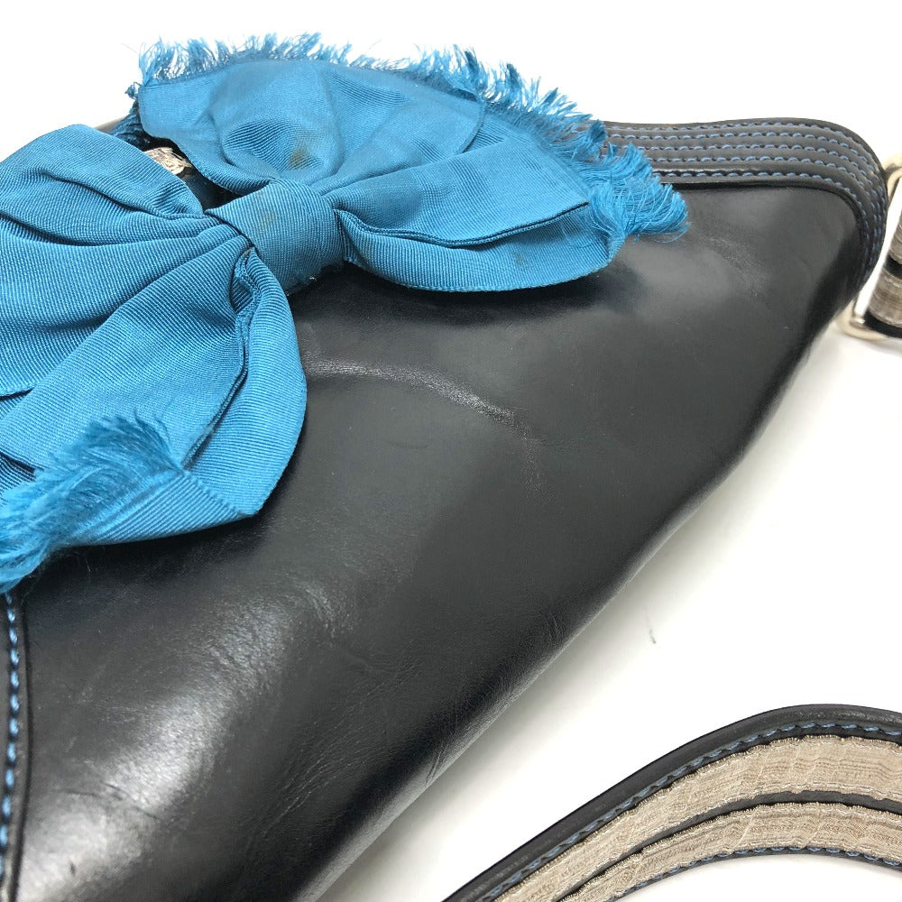 CELINE Shoulder Bag 115/130 leather black ribbon Crossbody Women Used Authentic