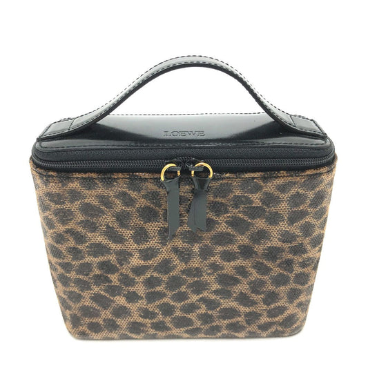 LOEWE Vanity bag leather Brown Leopard Mini/Cosmetics Pouch Women Used Authentic