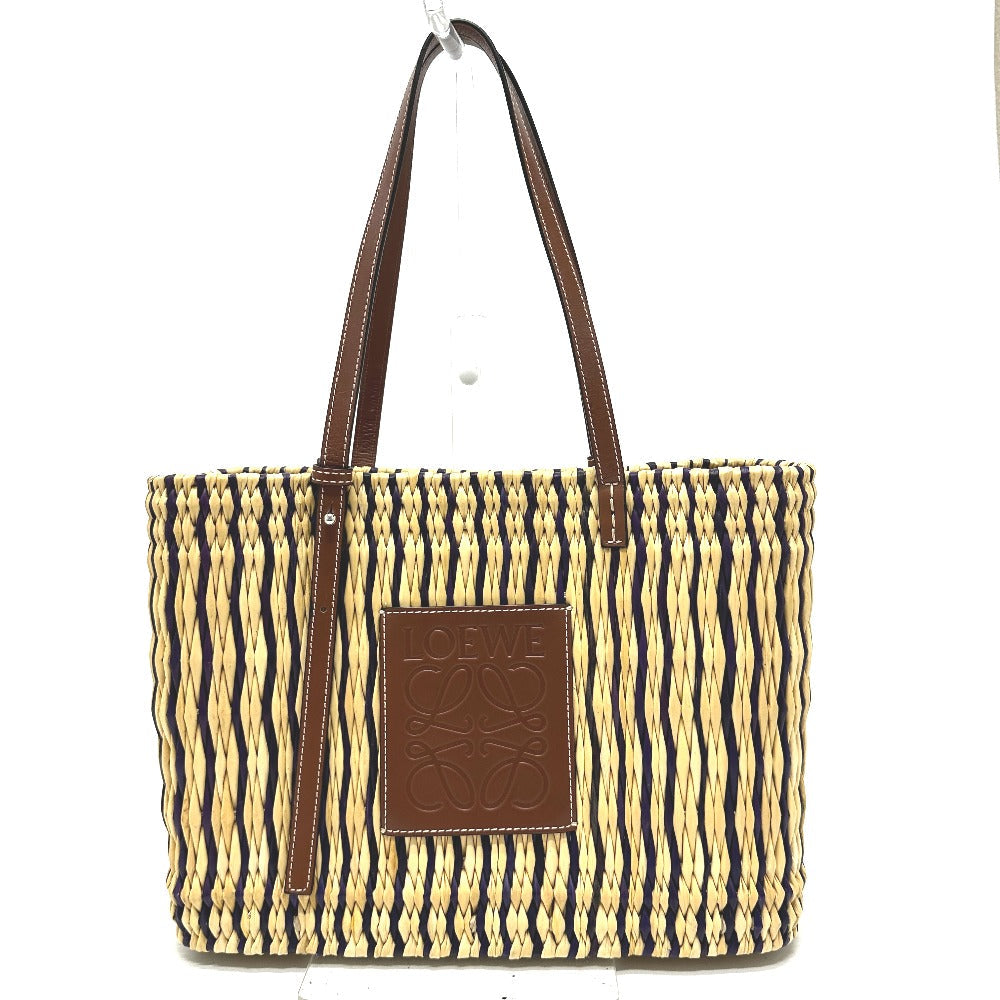 LOEWE Tote Bag Straw / leather beige square anagram Straw bag Women Used Authentic