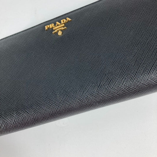 PRADA Long Wallet Purse Safiano leather black logo Zip Around Women Used Authentic