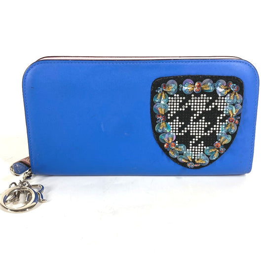 Dior Long Wallet Purse leather blue Long wallet Bijou rhinestone