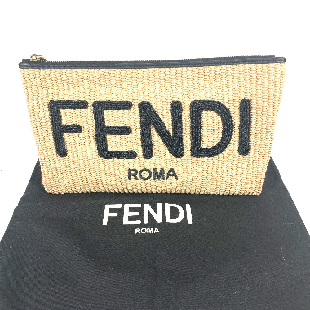 FENDI Clutch bag 8N0149 Raffia, Leather beige straw logo