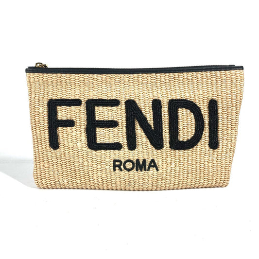FENDI Clutch bag 8N0149 Raffia, Leather beige straw logo
