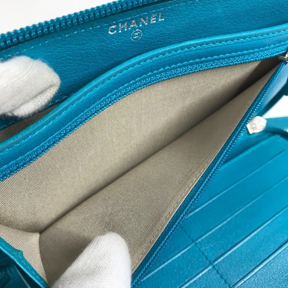 CHANEL Long Wallet Purse leather blue Camellia CC COCO Mark