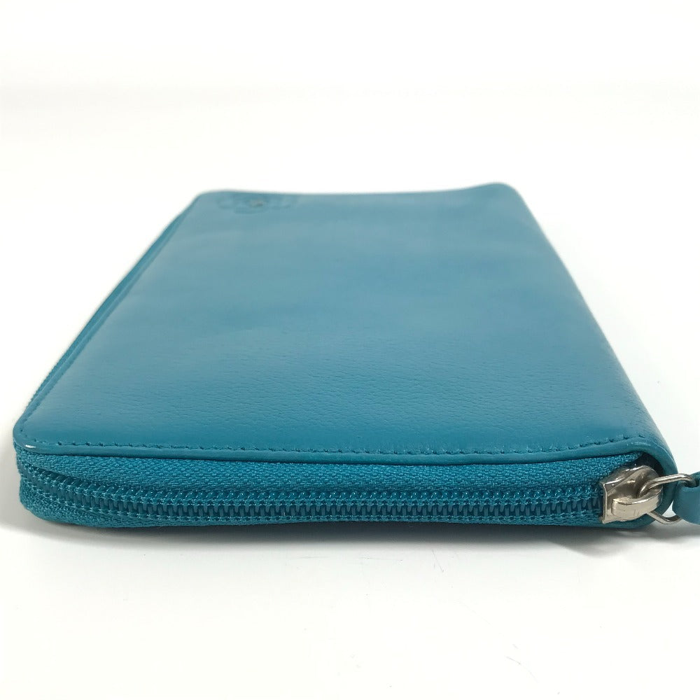 CHANEL Long Wallet Purse leather blue Camellia CC COCO Mark