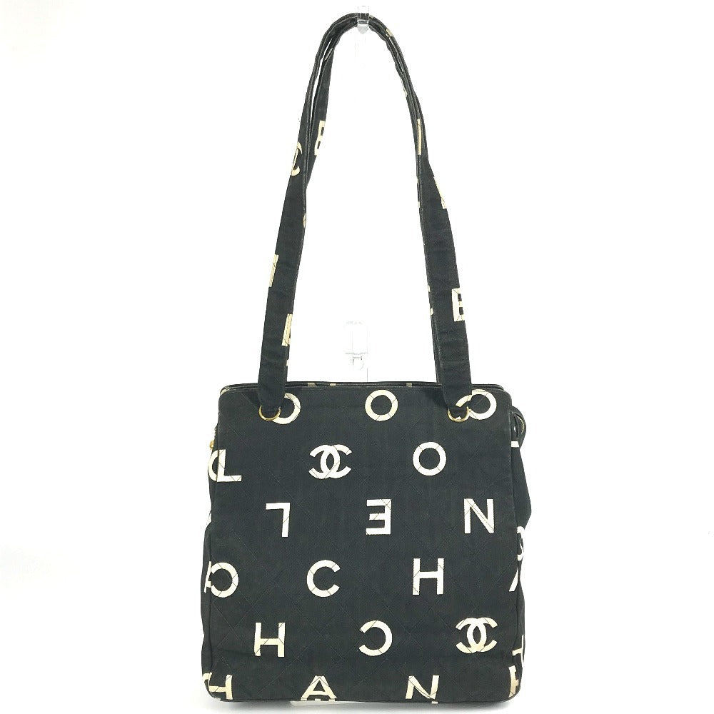 CHANEL Shoulder Bag Leather / canvas black Logo all-over pattern