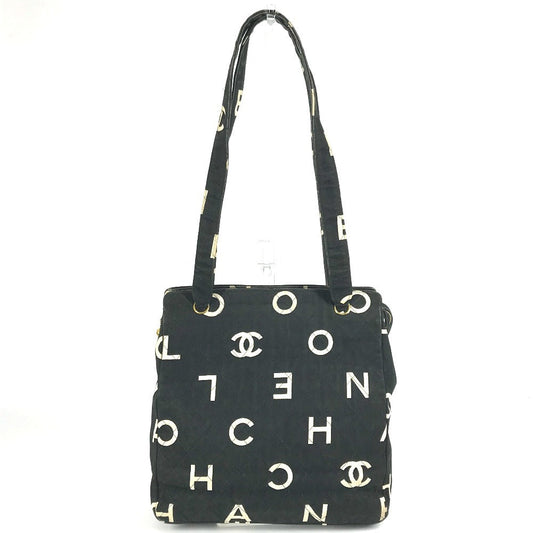 CHANEL Shoulder Bag Leather / canvas black Logo all-over pattern