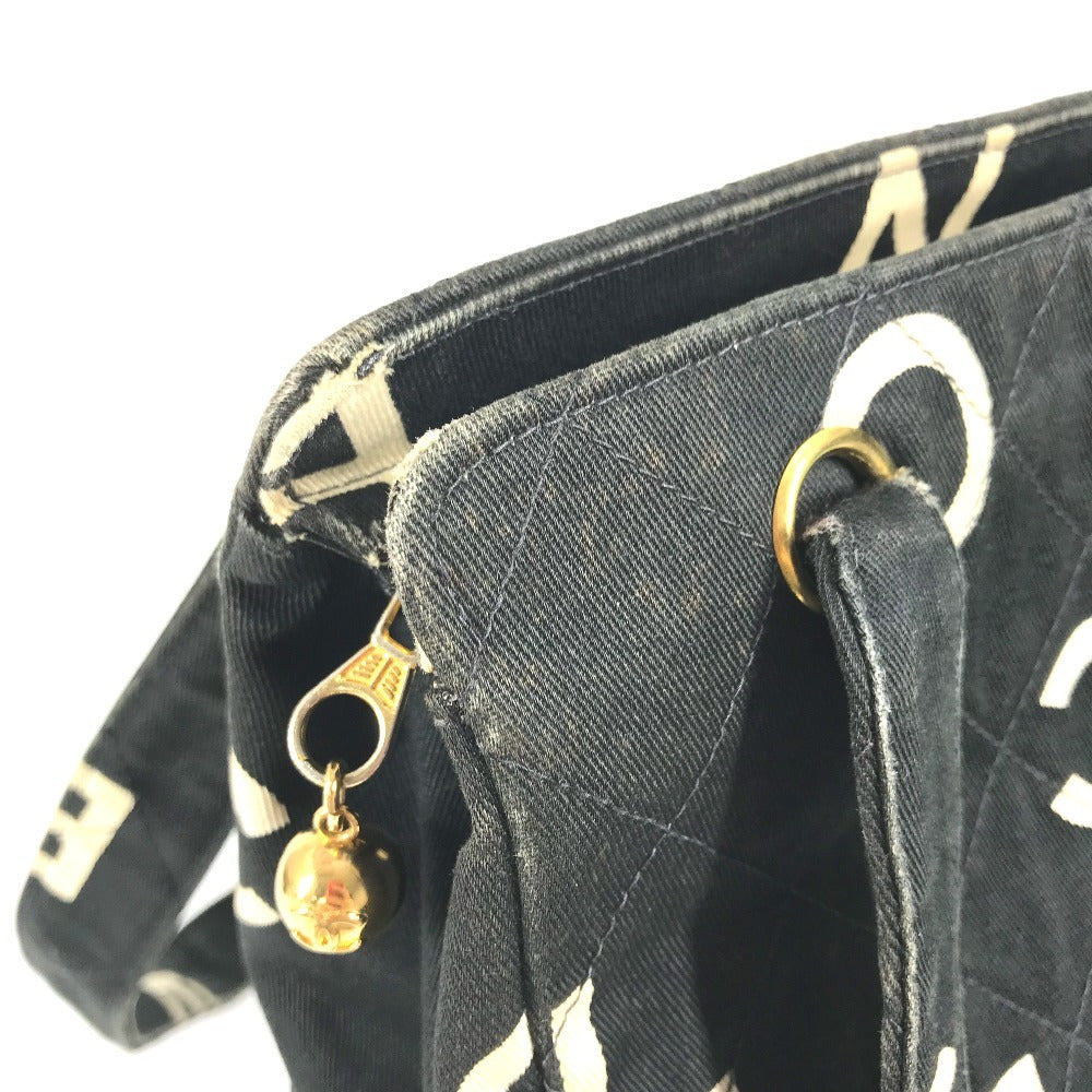 CHANEL Shoulder Bag Leather / canvas black Logo all-over pattern
