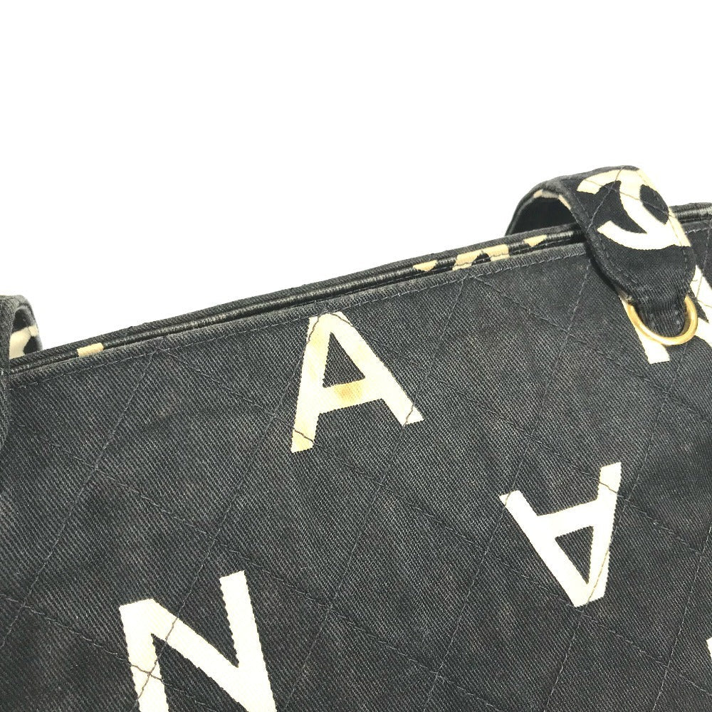 CHANEL Shoulder Bag Leather / canvas black Logo all-over pattern
