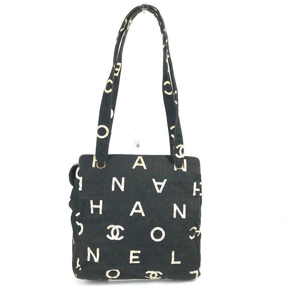 CHANEL Shoulder Bag Leather / canvas black Logo all-over pattern