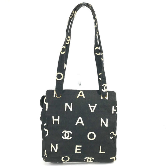 CHANEL Shoulder Bag Leather / canvas black Logo all-over pattern