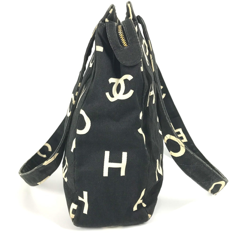 CHANEL Shoulder Bag Leather / canvas black Logo all-over pattern