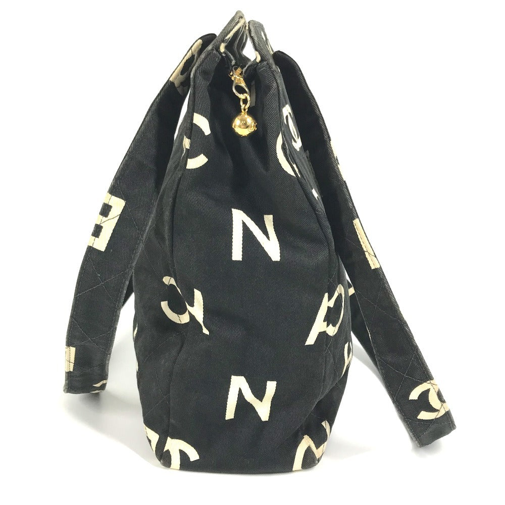 CHANEL Shoulder Bag Leather / canvas black Logo all-over pattern