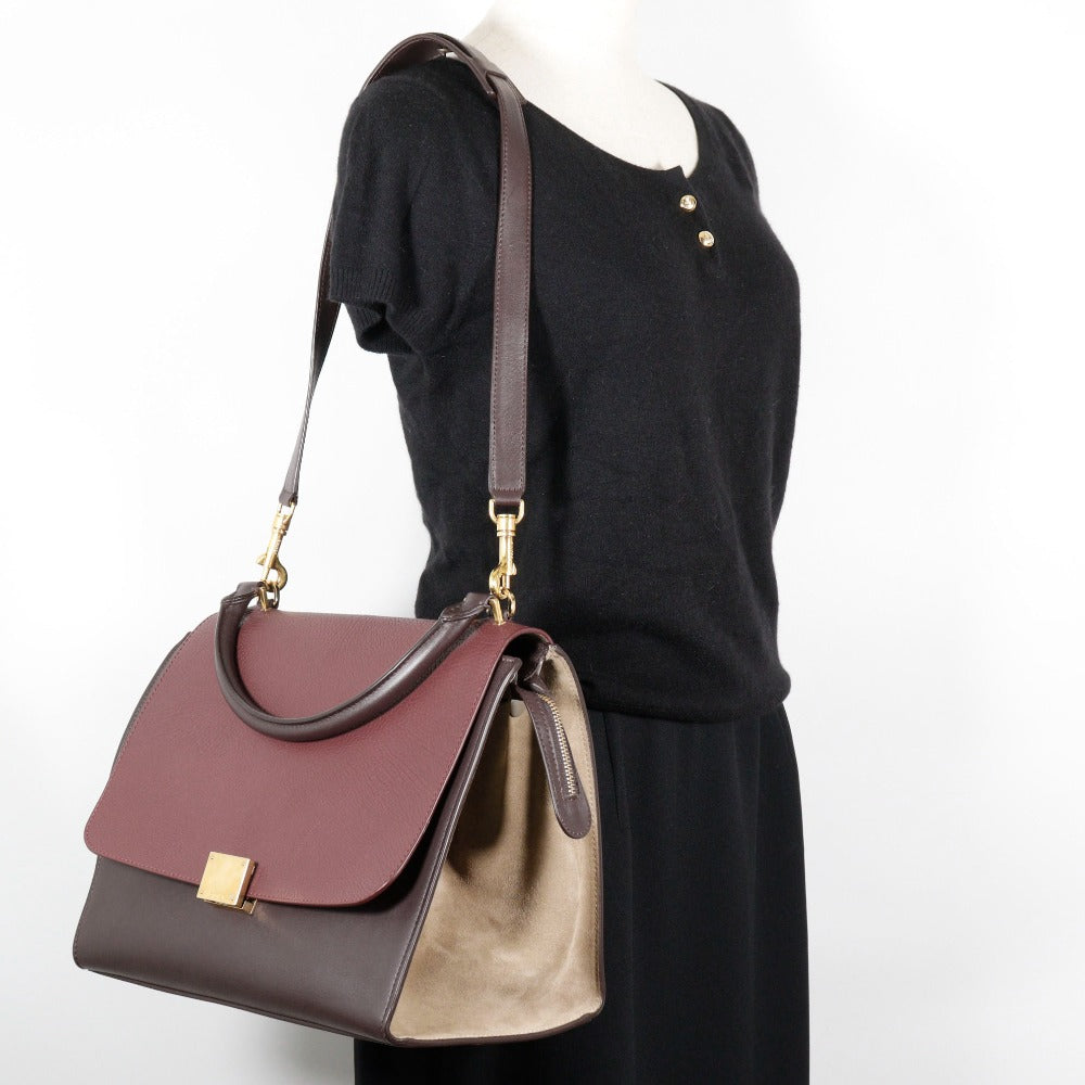 CELINE Handbag Calfskin, suede Brown / Gray 2WAYShoulder Trapeze Women Used Authentic