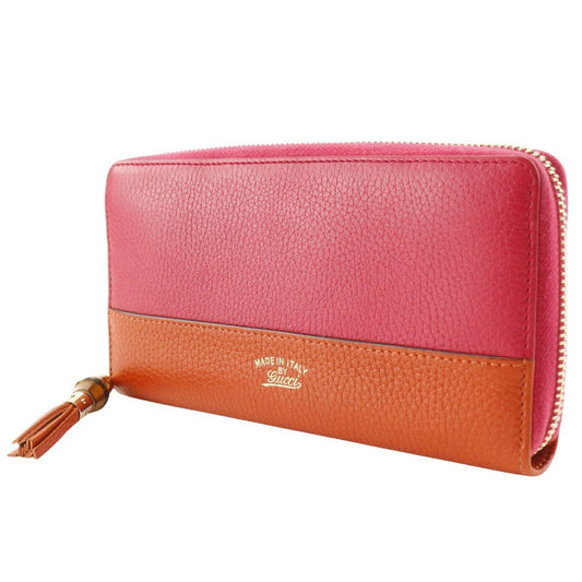 GUCCI Long Wallet Purse 307984 Calfskin Pink / Orange By color Bamboo tassel Zip Around Women Used Authentic