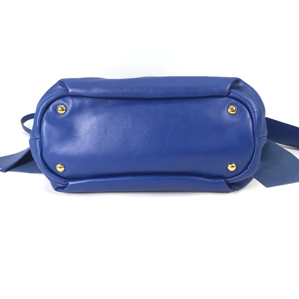 PRADA Handbag leather blue logo Crossbody ribbon Women Used Authentic