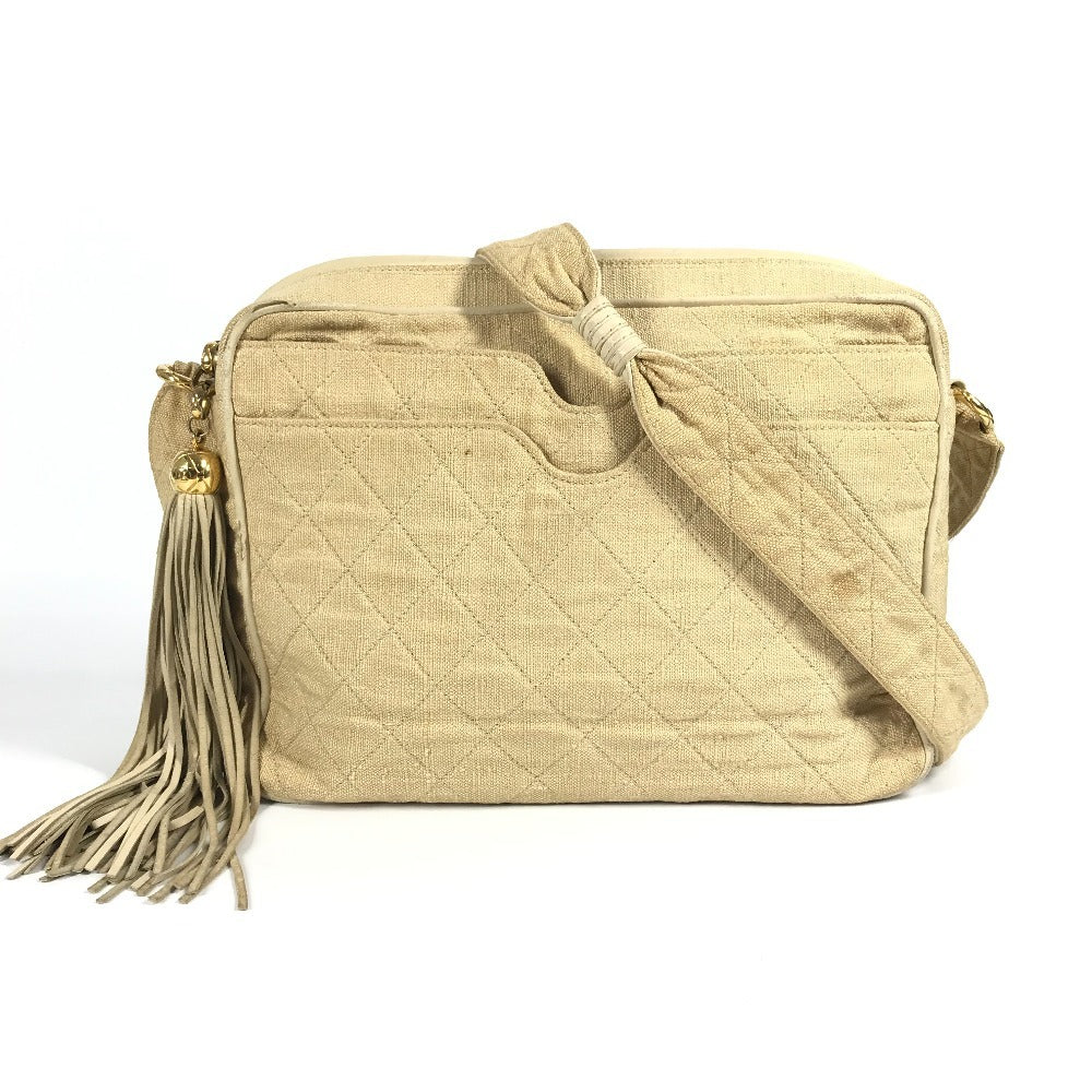 CHANEL Shoulder Bag canvas beige vintage logo matelassé quilted fringe tassel