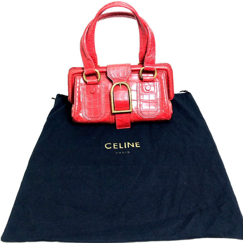 CELINE Handbag leather Red belt Embossing Women Used Authentic