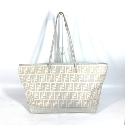 FENDI Shoulder Bag 8BH185 Leather / canvas white Bag Shoulder Bag Tote Bag Zucca logo metal plate Women Used Authentic