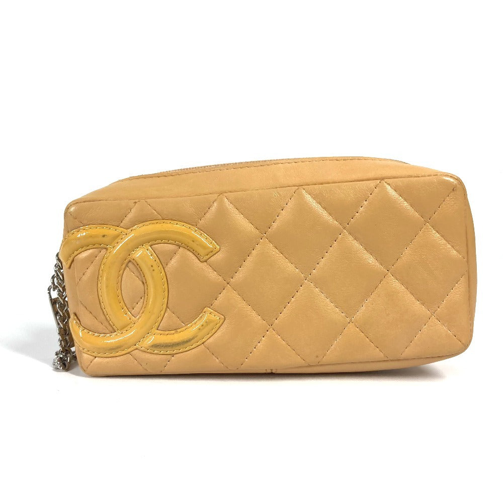 CHANEL Pouch leather beige Cambon line CC COCO Mark Women Used Authentic