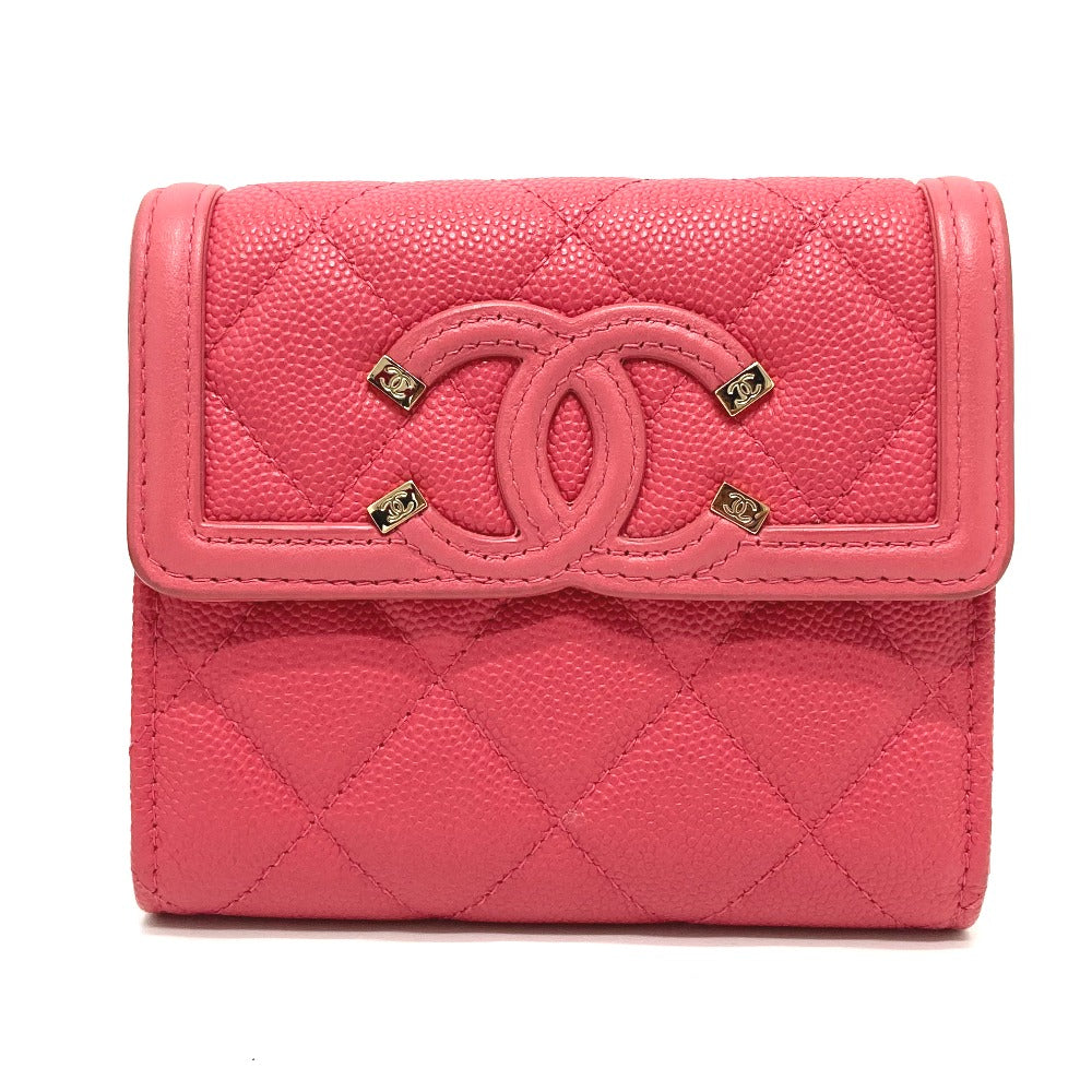 CHANEL Trifold wallet AP0375 Caviar skin Pink type CC filigree Matrasse Women Used Authentic