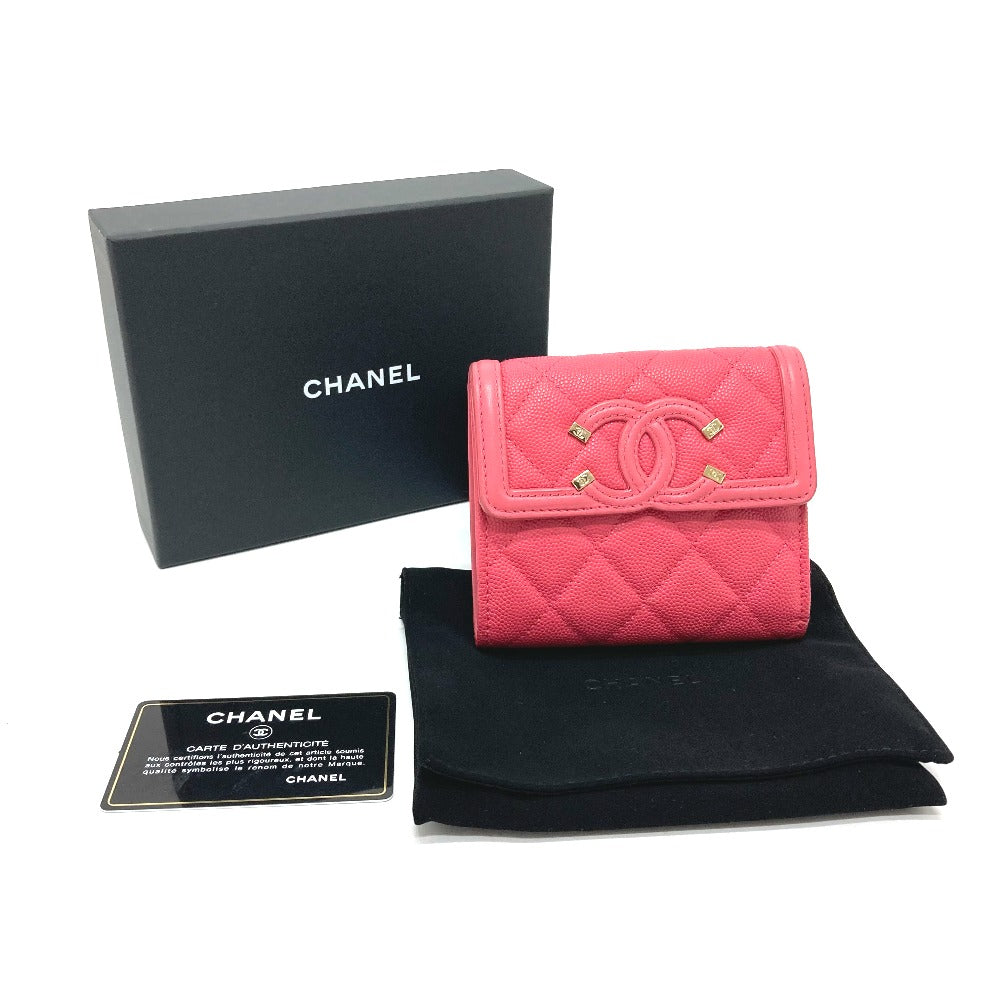 CHANEL Trifold wallet AP0375 Caviar skin Pink type CC filigree Matrasse Women Used Authentic