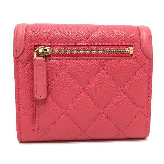 CHANEL Trifold wallet AP0375 Caviar skin Pink type CC filigree Matrasse Women Used Authentic