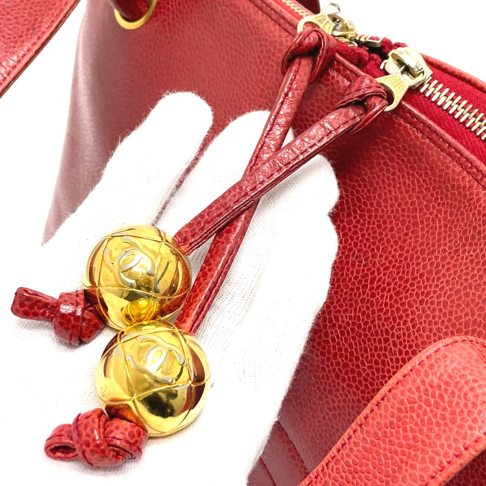 CHANEL Shoulder Bag Caviar skin Red CC COCO Mark Ball charm Women Used Authentic
