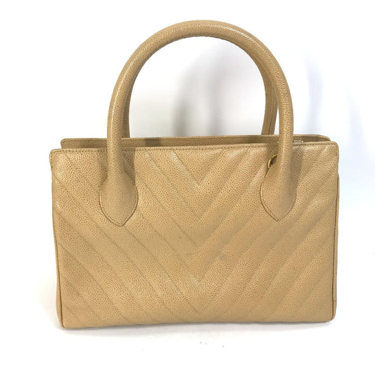CHANEL Handbag Caviar skin beige Chevron Vstitch Vintage Women Used Authentic