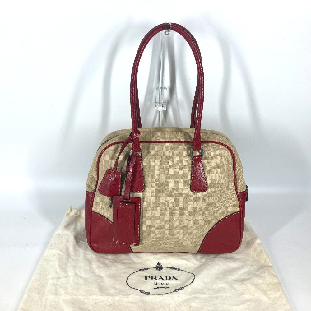 PRADA Shoulder Bag Leather / canvas beige By color Triangle logo plate Women Used Authentic