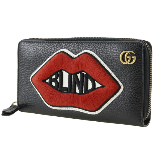GUCCI Long Wallet Purse 474584 leather black GG Marmont Embroidery Zip Around unisex(Unisex) Used Authentic