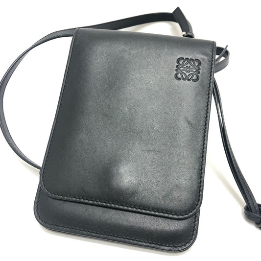 LOEWE Shoulder Bag leather black logo gusset flat Women Used Authentic