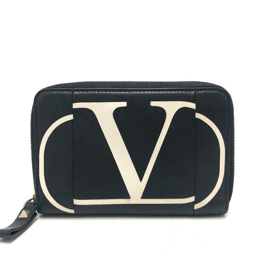 VALENTINO Folded wallet leather black V logo mens Used Authentic