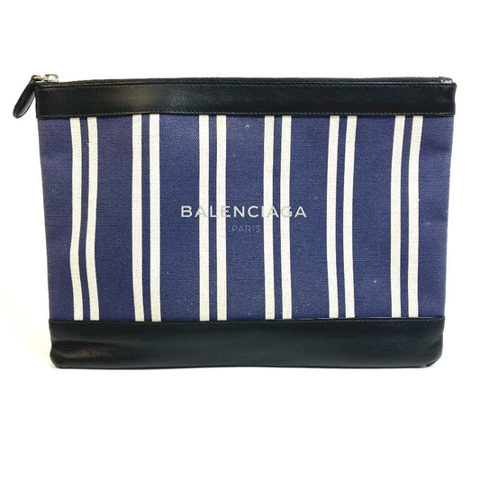 BALENCIAGA Clutch bag 420407 Canvas / leather Navy x black Stripe logo Navy clip M unisex(Unisex) Used Authentic