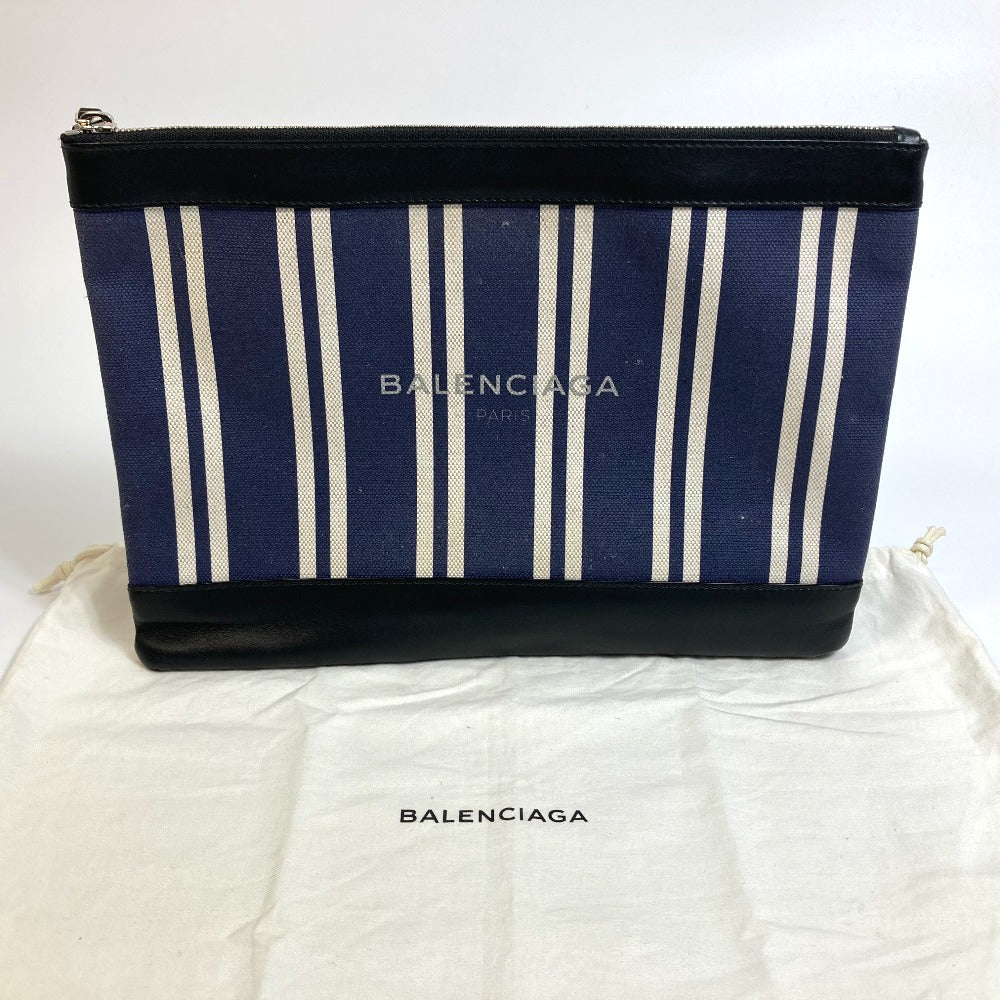 BALENCIAGA Clutch bag 420407 Canvas / leather Navy x black Stripe logo Navy clip M unisex(Unisex) Used Authentic